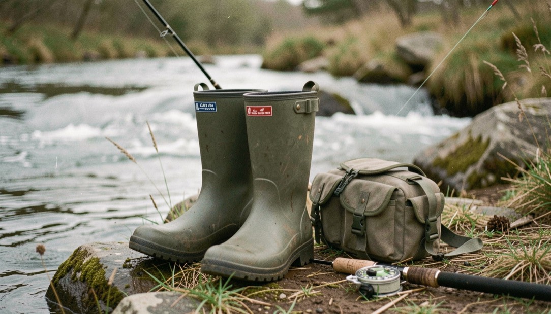 Wading boots, a rod tube, and a compact pack resting beside moving water, prepared for the fly fishing access field note