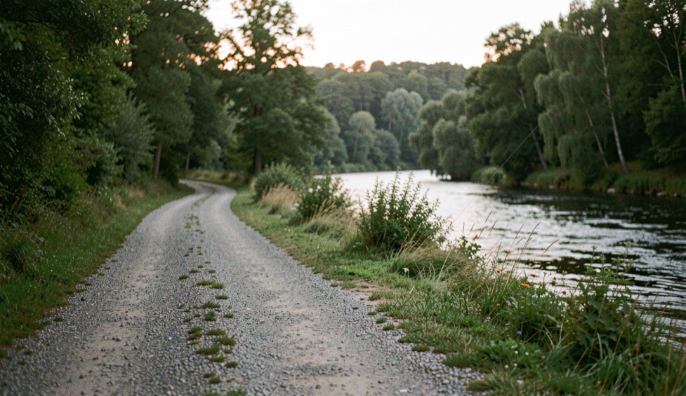 A quiet gravel access road leading toward a wooded river bend at low light, prepared for the fly fishing casting field note
