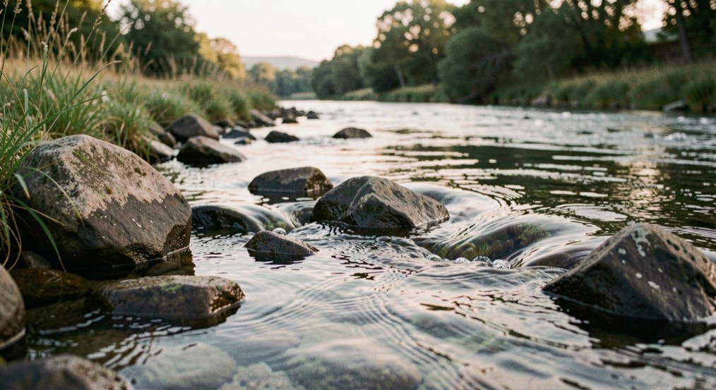 A clear river seam curling around dark stones beneath a soft morning sky, prepared for the fly fishing contact field note