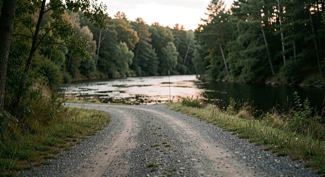 A quiet gravel access road leading toward a wooded river bend at low light, prepared for the fly fishing field note