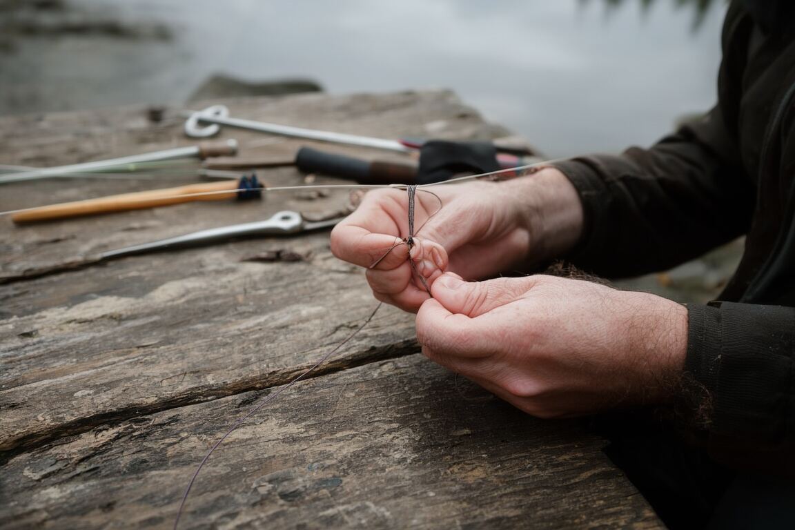 A fly line drawing a clean loop above a shaded run and pale gravel edge, prepared for the fly fishing knots field note
