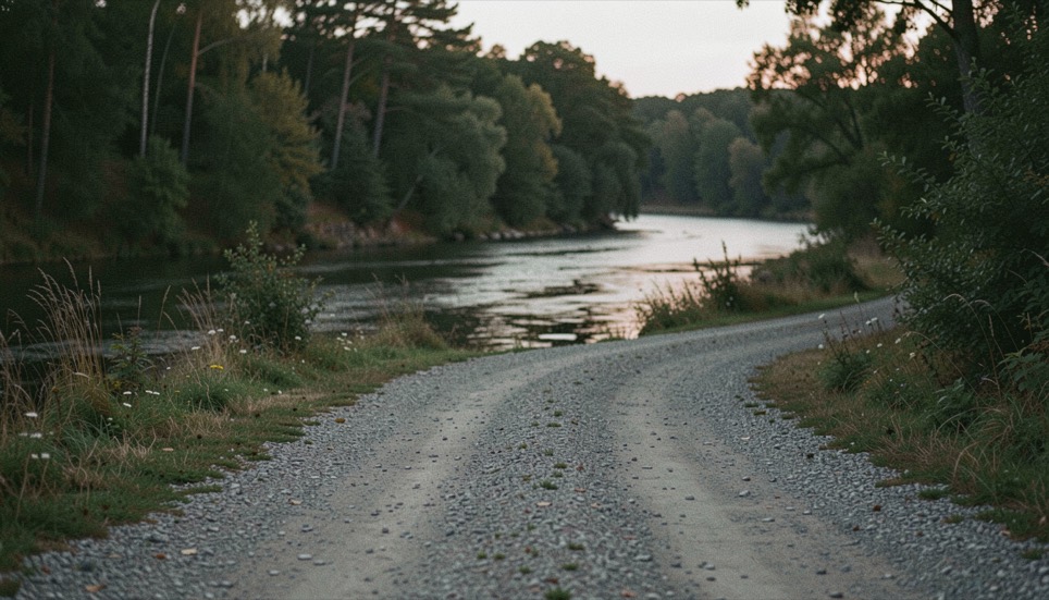 A quiet gravel access road leading toward a wooded river bend at low light, prepared for the fly fishing methods field note