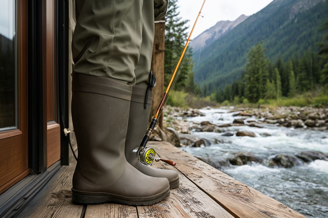 A quiet gravel access road leading toward a wooded river bend at low light, prepared for the fly fishing waders field note