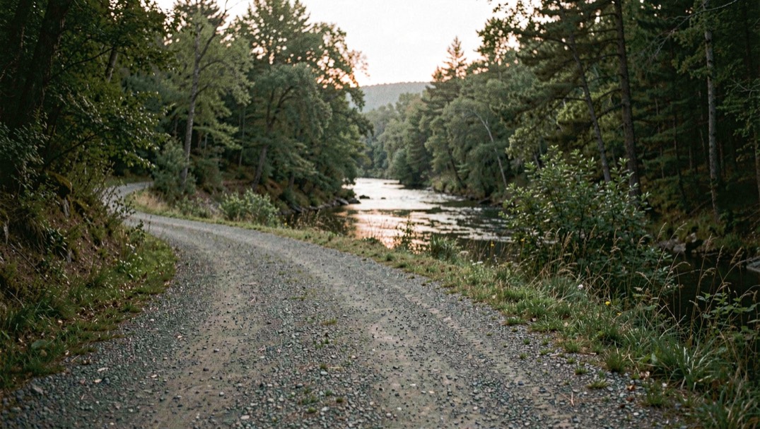 A quiet gravel access road leading toward a wooded river bend at low light, prepared for the fly tying field note