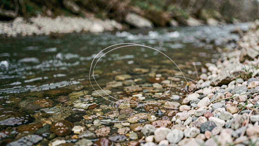 A fly line drawing a clean loop above a shaded run and pale gravel edge, prepared for the fly tying field note