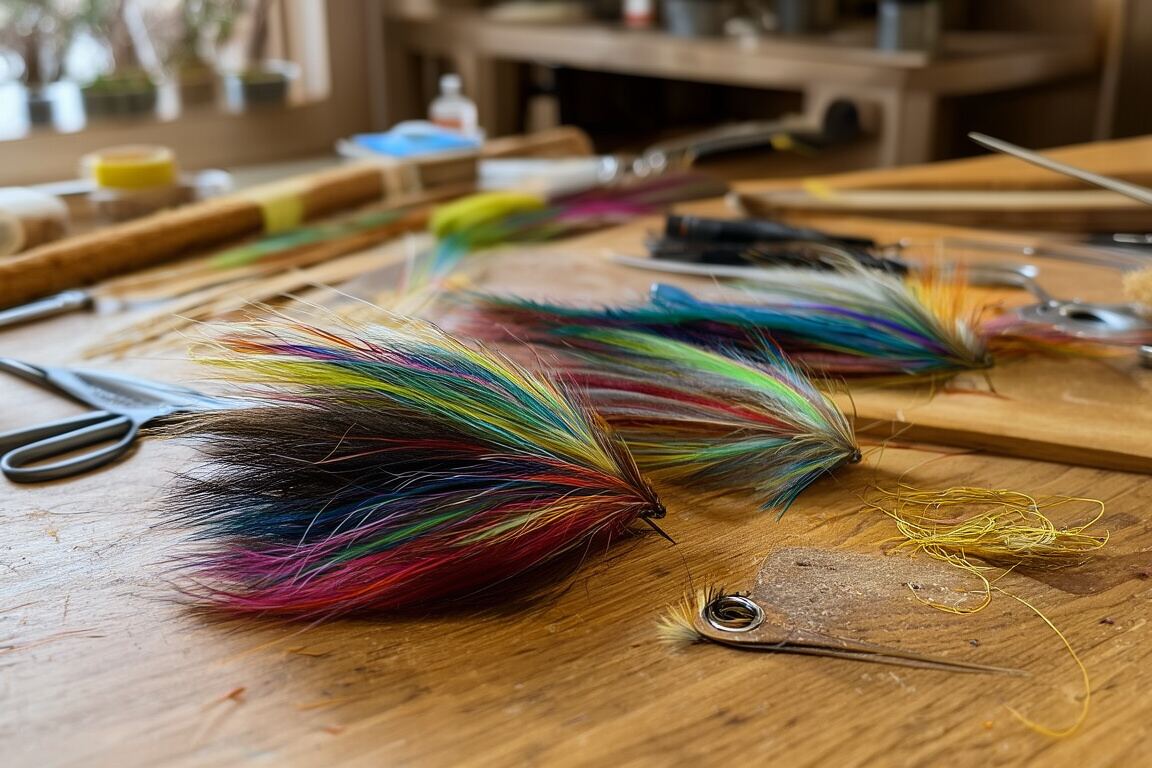 Thread, feathers, and a small hook arranged across a worn tying bench, prepared for the fly tying field note