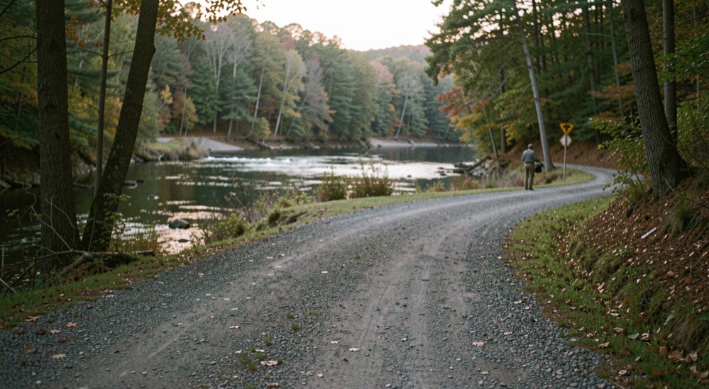 A quiet gravel access road leading toward a wooded river bend at low light, prepared for the East Tennessee fly fishing field note