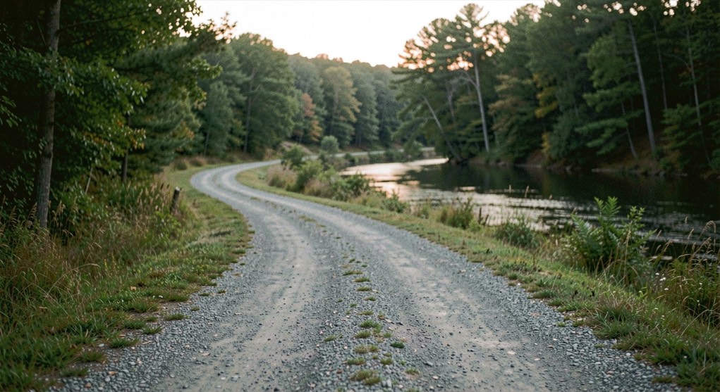 A quiet gravel access road leading toward a wooded river bend at low light, prepared for the East Tennessee fly fishing field note