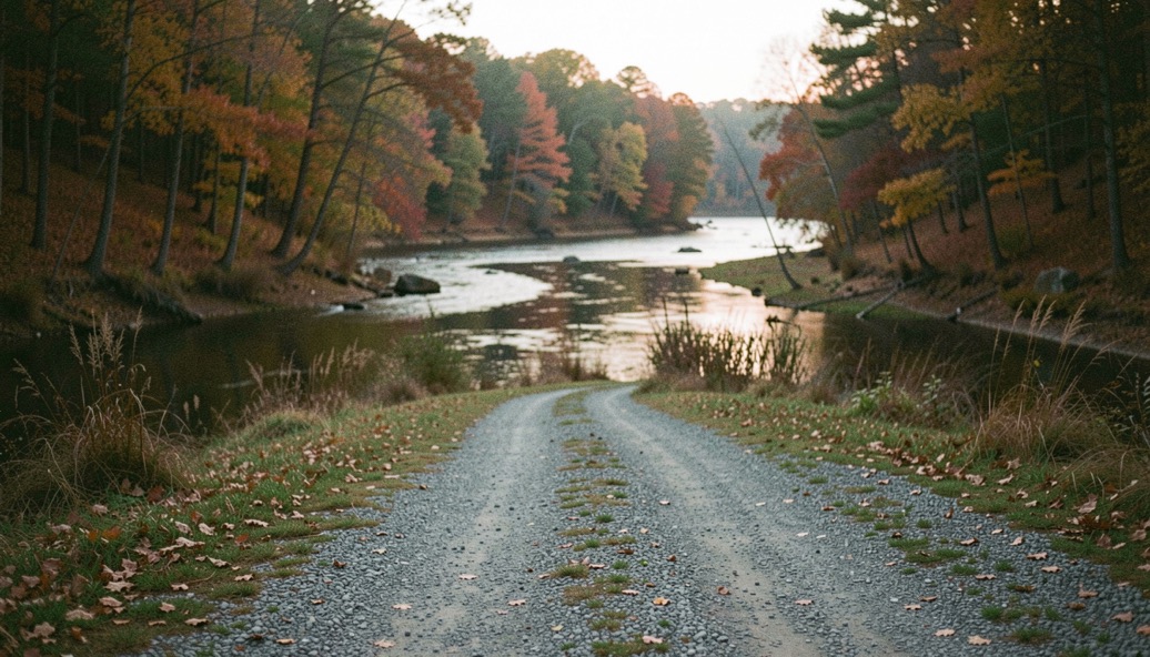 A quiet gravel access road leading toward a wooded river bend at low light, prepared for the Georgia fly fishing in fall field note