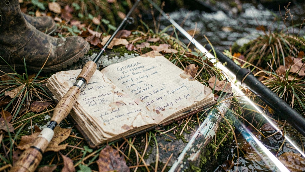 A weathered field notebook open beside a rod and a bright strip of current, prepared for the Georgia fly fishing in fall field note