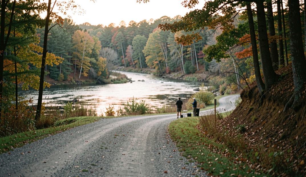 A quiet gravel access road leading toward a wooded river bend at low light, prepared for the Toccoa River trout fishing field note