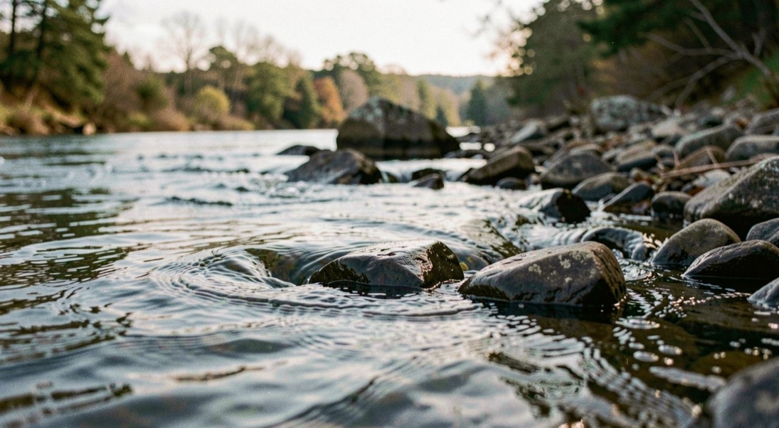 A clear river seam curling around dark stones beneath a soft morning sky, prepared for the Toccoa River trout fishing field note