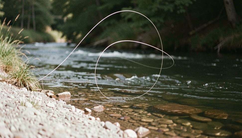 A fly line drawing a clean loop above a shaded run and pale gravel edge, prepared for the Toccoa River conservation field note