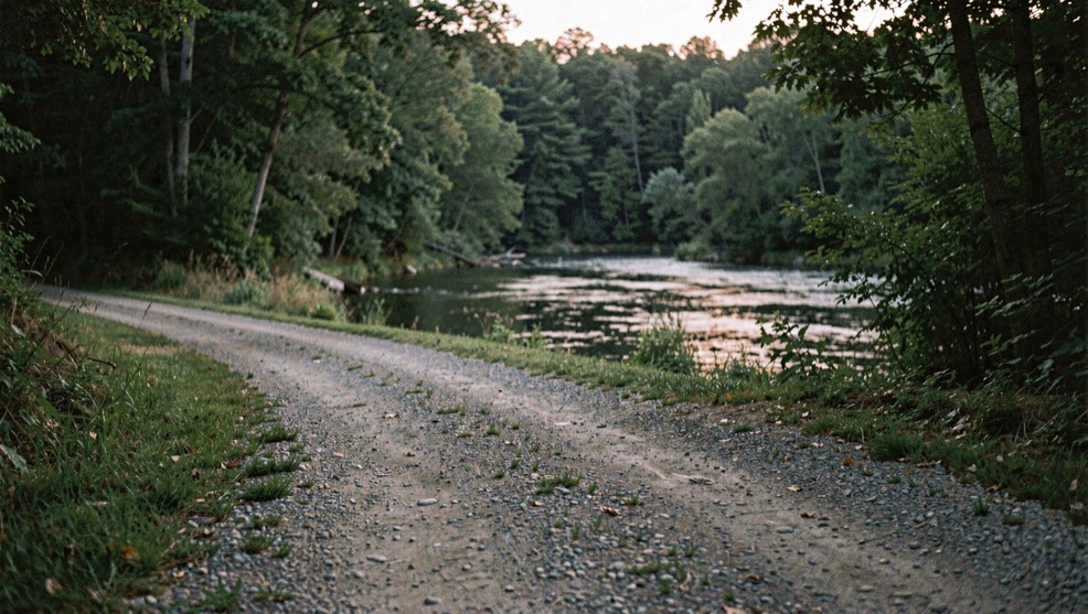 A quiet gravel access road leading toward a wooded river bend at low light, prepared for the Toccoa River fly fishing field note