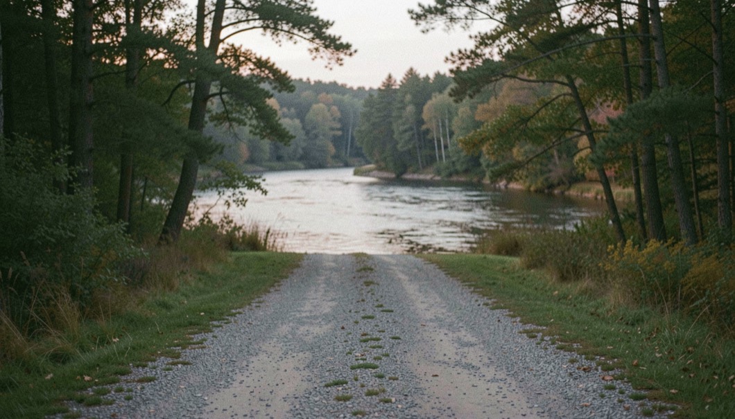 A quiet gravel access road leading toward a wooded river bend at low light, prepared for the fly fishing wading boots field note