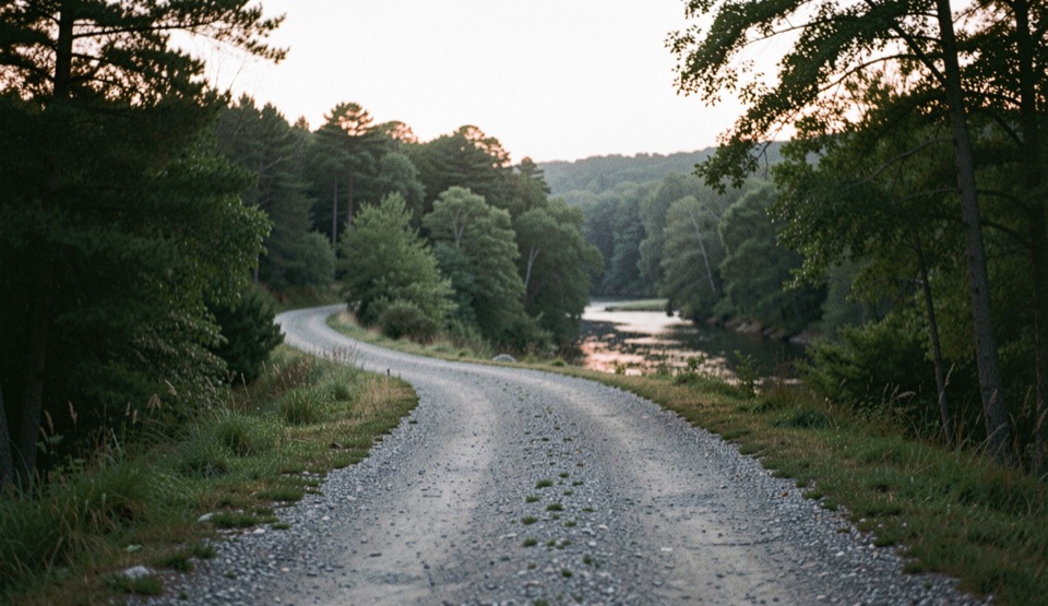 A quiet gravel access road leading toward a wooded river bend at low light, prepared for the how to read a river field note
