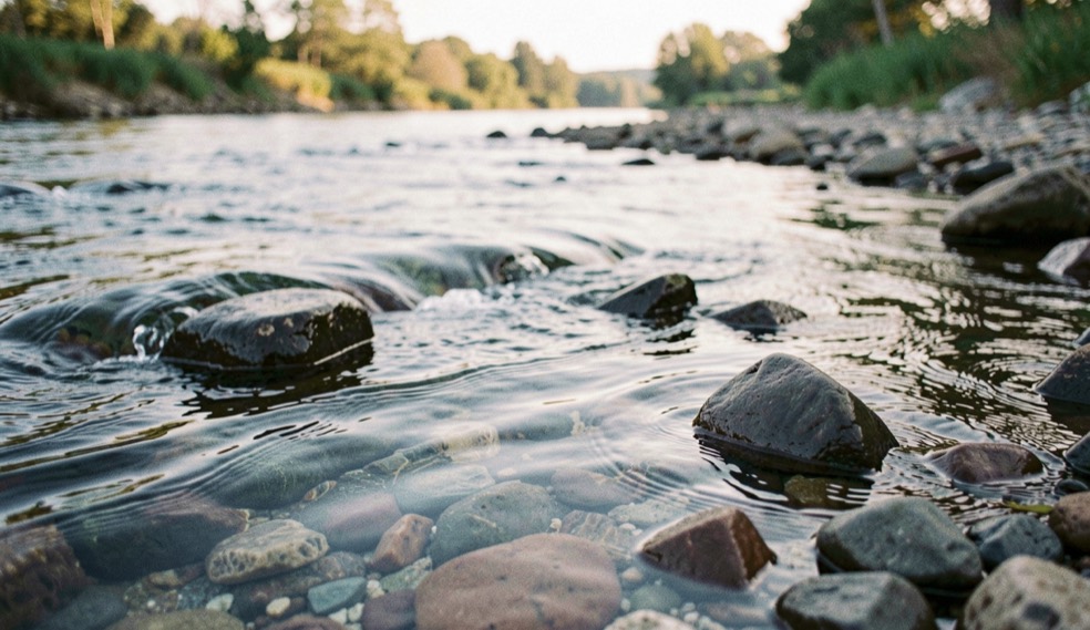 A clear river seam curling around dark stones beneath a soft morning sky, prepared for the how to read a river field note