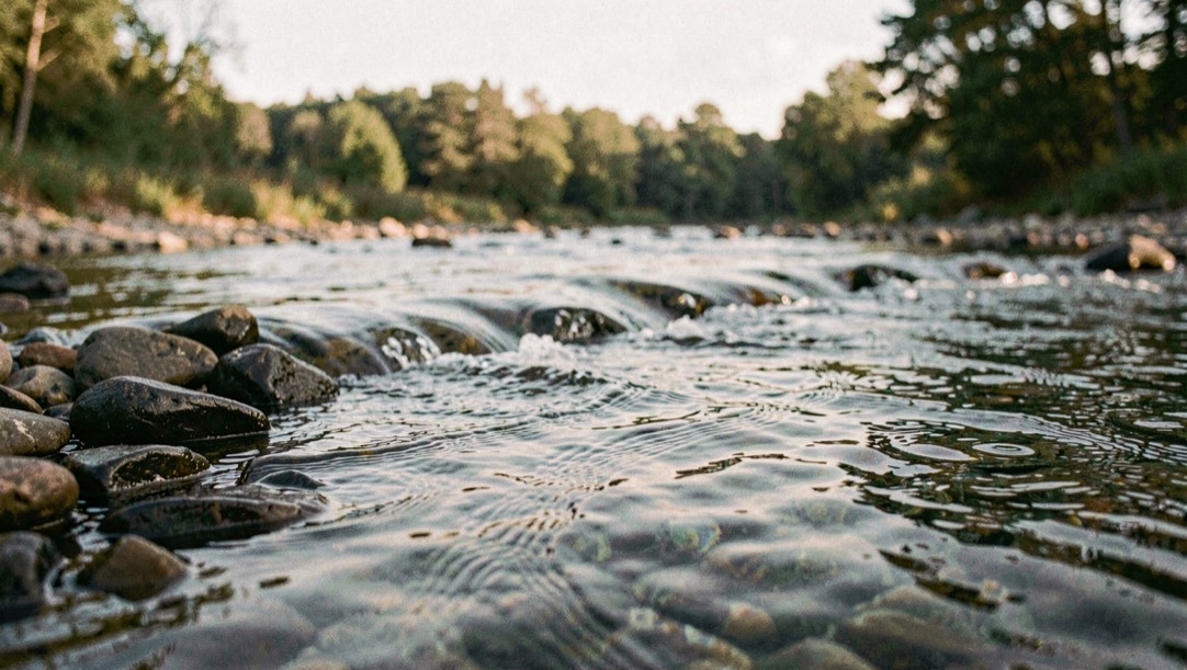 A clear river seam curling around dark stones beneath a soft morning sky, prepared for the Riffle Notes privacy policy field note