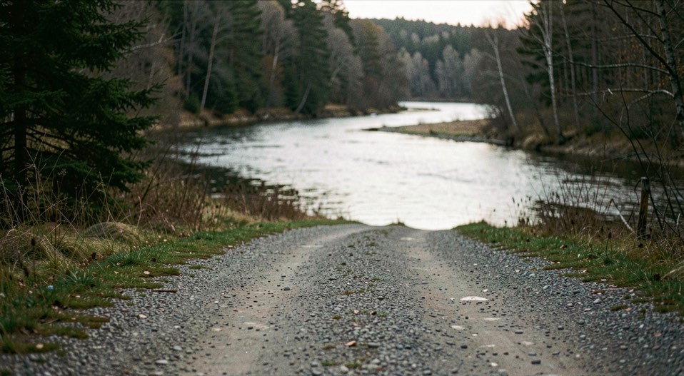 A quiet gravel access road leading toward a wooded river bend at low light, prepared for the river conservation field note