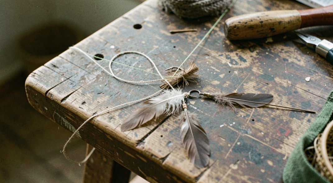 Thread, feathers, and a small hook arranged across a worn tying bench, prepared for the trout fishing field note