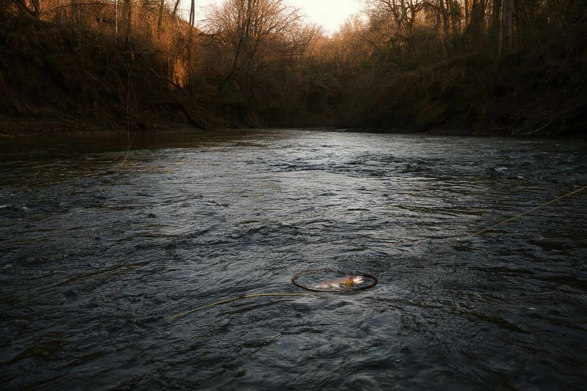 Wading boots, a rod tube, and a compact pack resting beside moving water, prepared for the trout fishing field note